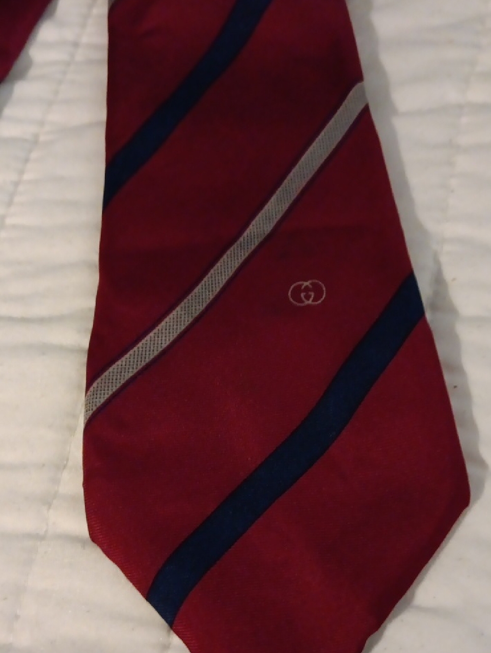 Gucci Burgundy Silk Tie with Navy and Light Gray Stripes